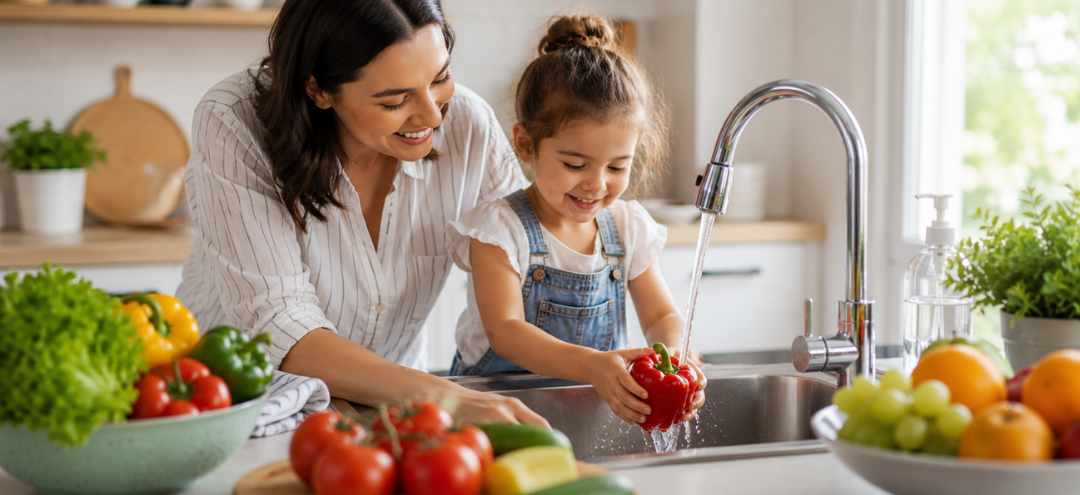 Parent and child washing fresh vegetables together in a kitchen to promote safe food preparation and healthy eating.