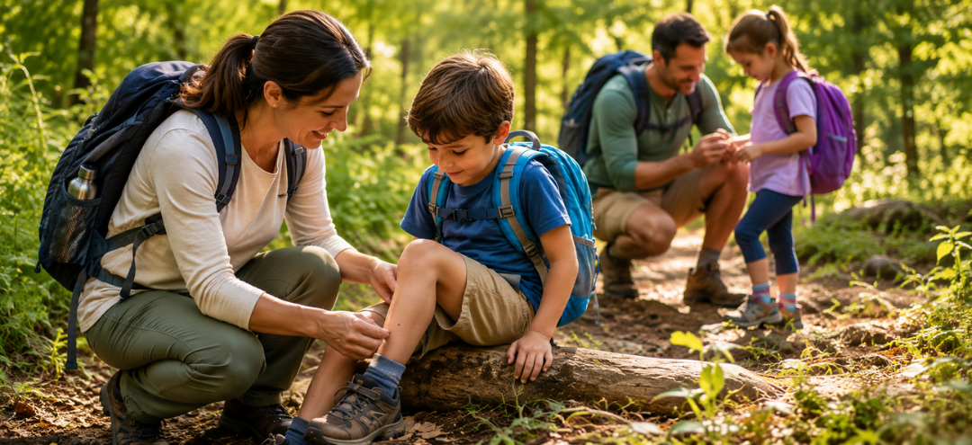 Parent checking a child for ticks after a family hike on a wooded trail as part of summer tick bite prevention.