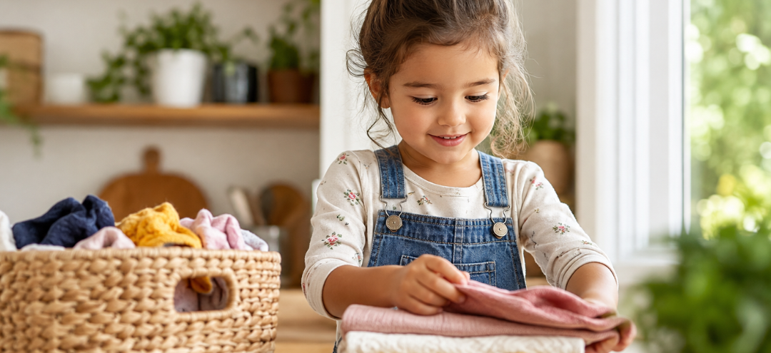 Young child folding clothes independently at home.