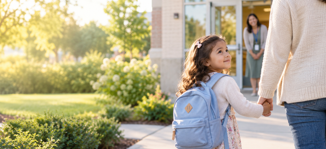 Young child with a backpack holding a parent’s hand while arriving at school, with a teacher warmly waiting at the entrance.