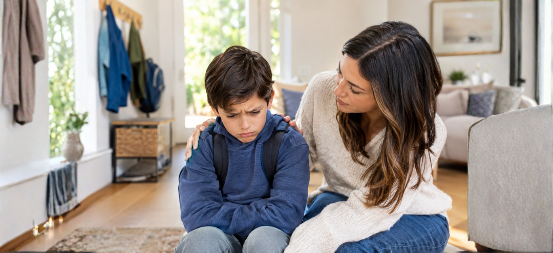 Young boy looking upset after school while his mother comforts him at home, illustrating after-school meltdowns and emotional exhaustion in children.