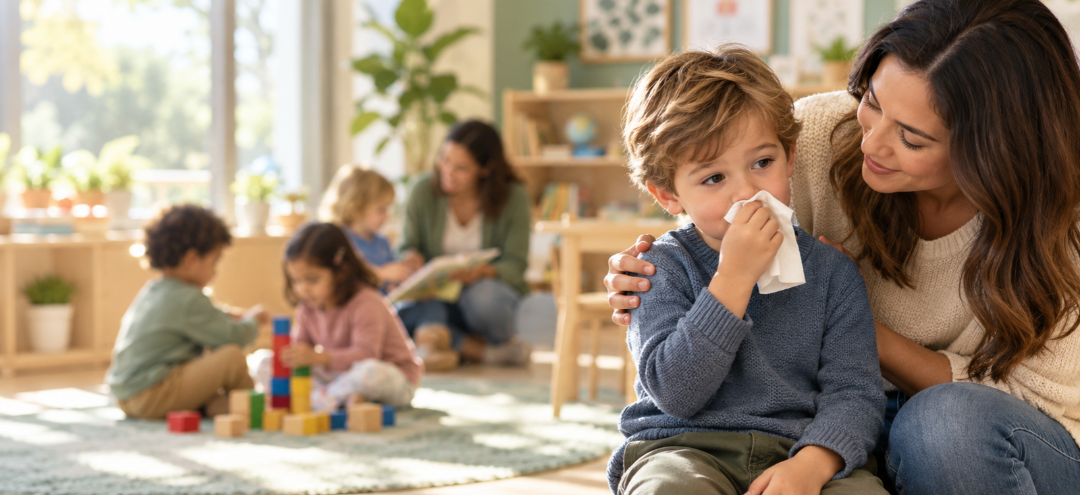 A parent comforts her young child, who is holding a tissue, in a preschool classroom while other children play in the background.