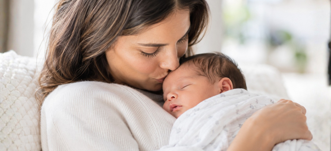 Mother gently holding and kissing her newborn baby at home.